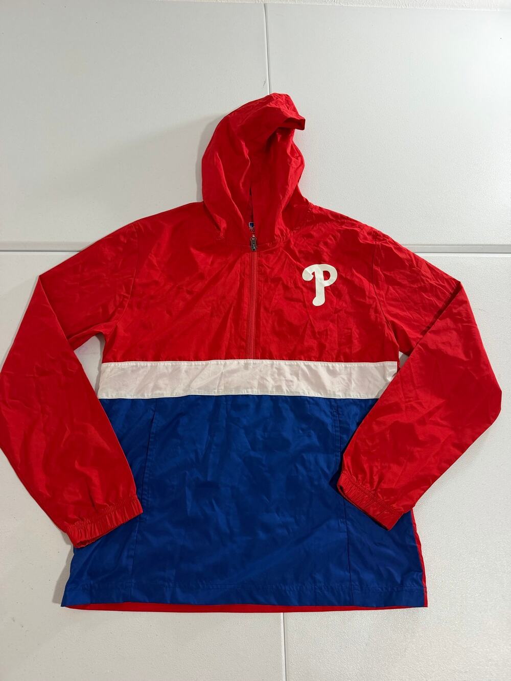 Philadelphia Phillies Windbreaker Men's Small Red Blue Half Zip Hooded MLB